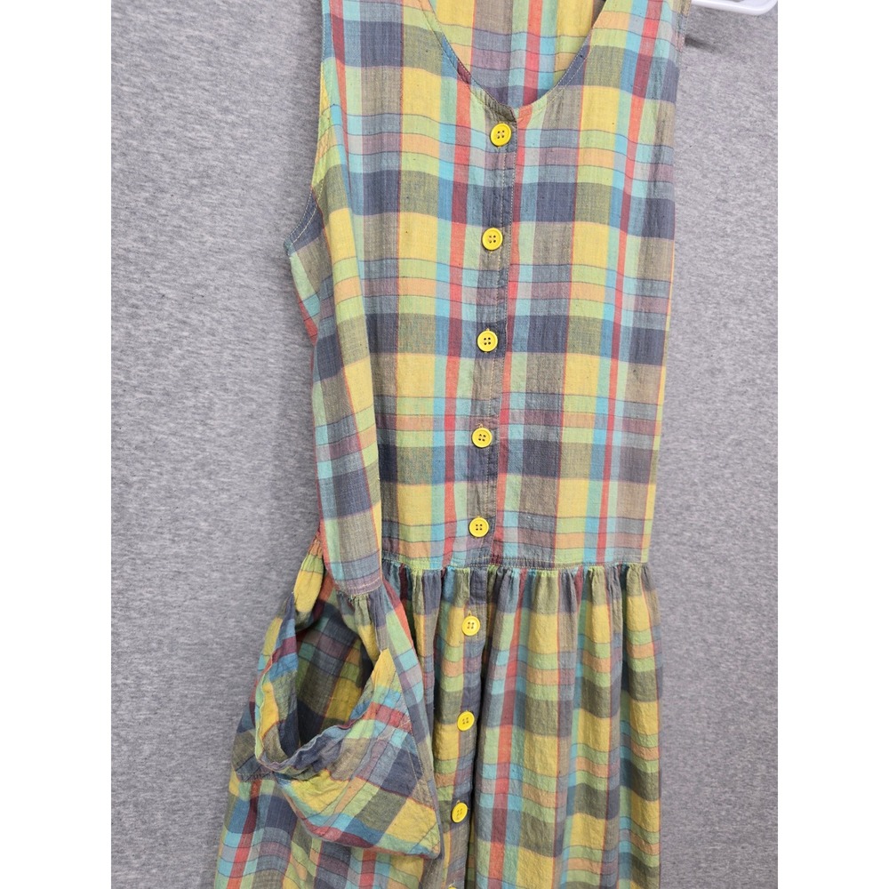 Vintage Rainbow Plaid Button Front Midi Dress Sleeveless Pockets Back Tie Small